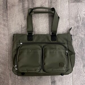 IHKWIP Olive Green Nylon Laptop Tote Bag Work Travel Commuter Multi Pocket